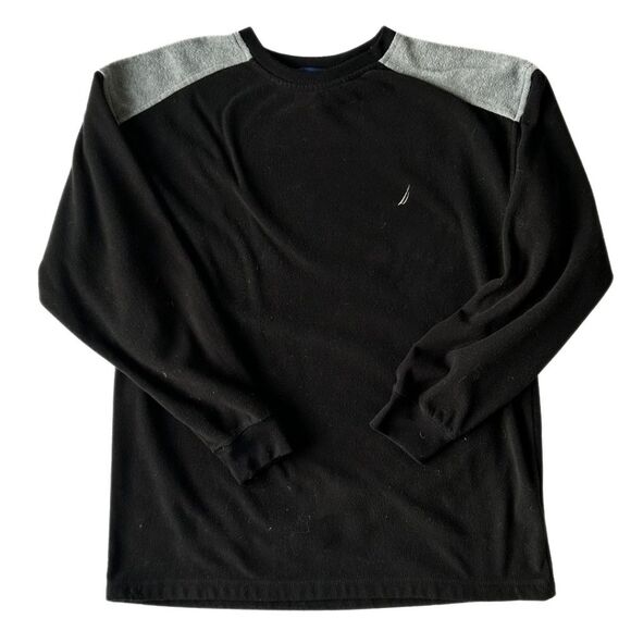 Nautica Pullover Fleece Crew Neck Black Gray Long Sleeve Sweater Men’s Sz L - Picture 1 of 8